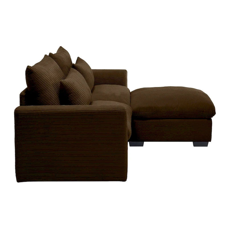 Sofa mit Ottomane, bequeme Cord-Couch mit Kissen und runden Armlehnen, Cord-Schlafsofa mit tiefer Sitzfläche und Stauraum-Ottomane