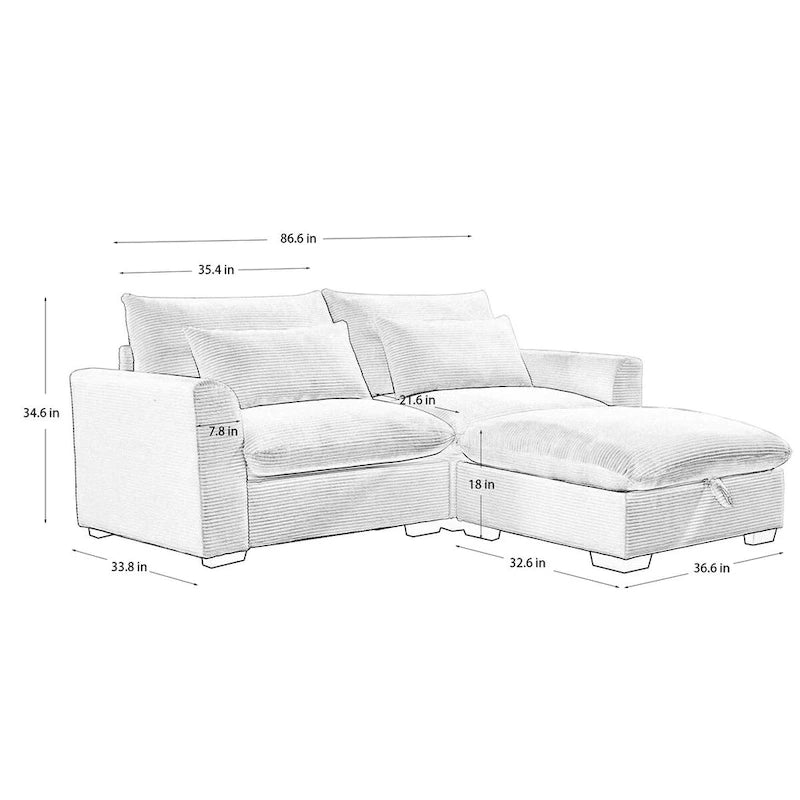 Sofa mit Ottomane, bequeme Cord-Couch mit Kissen und runden Armlehnen, Cord-Schlafsofa mit tiefer Sitzfläche und Stauraum-Ottomane