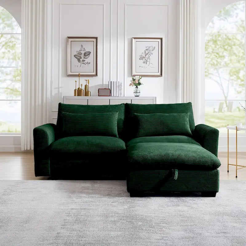 Sofa mit Ottomane, bequeme Cord-Couch mit Kissen und runden Armlehnen, Cord-Schlafsofa mit tiefer Sitzfläche und Stauraum-Ottomane