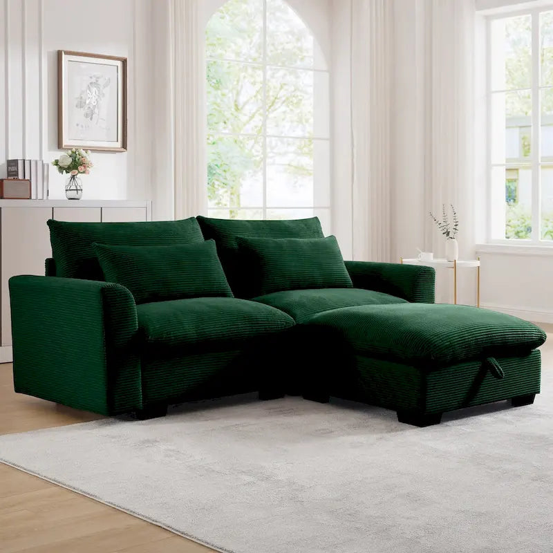 Sofa mit Ottomane, bequeme Cord-Couch mit Kissen und runden Armlehnen, Cord-Schlafsofa mit tiefer Sitzfläche und Stauraum-Ottomane