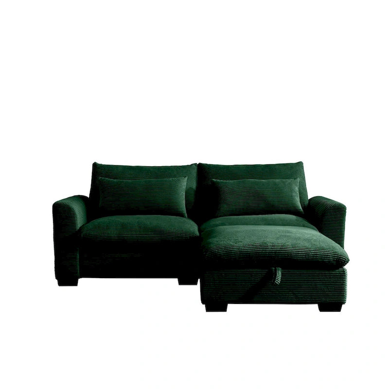 Sofa mit Ottomane, bequeme Cord-Couch mit Kissen und runden Armlehnen, Cord-Schlafsofa mit tiefer Sitzfläche und Stauraum-Ottomane