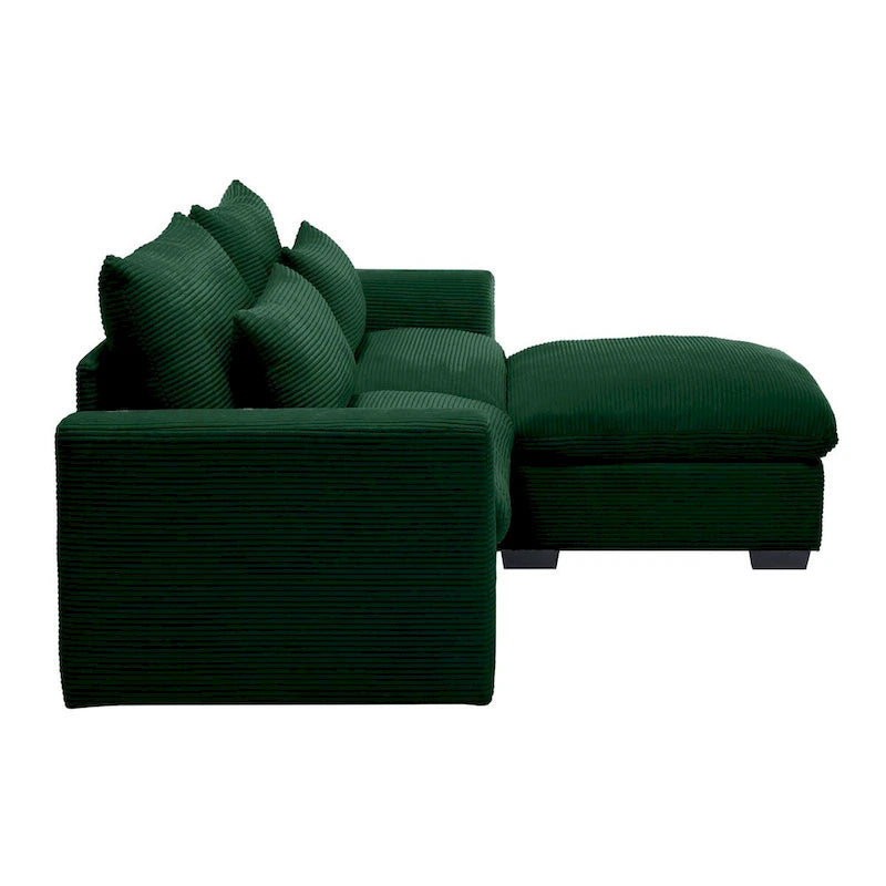 Sofa mit Ottomane, bequeme Cord-Couch mit Kissen und runden Armlehnen, Cord-Schlafsofa mit tiefer Sitzfläche und Stauraum-Ottomane