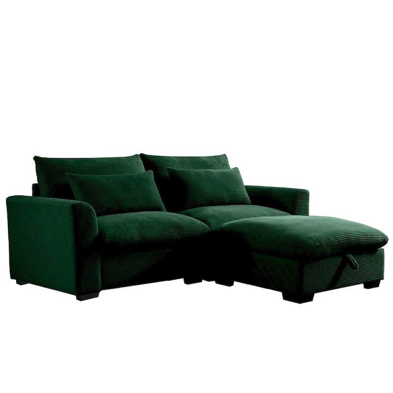 Sofa mit Ottomane, bequeme Cord-Couch mit Kissen und runden Armlehnen, Cord-Schlafsofa mit tiefer Sitzfläche und Stauraum-Ottomane