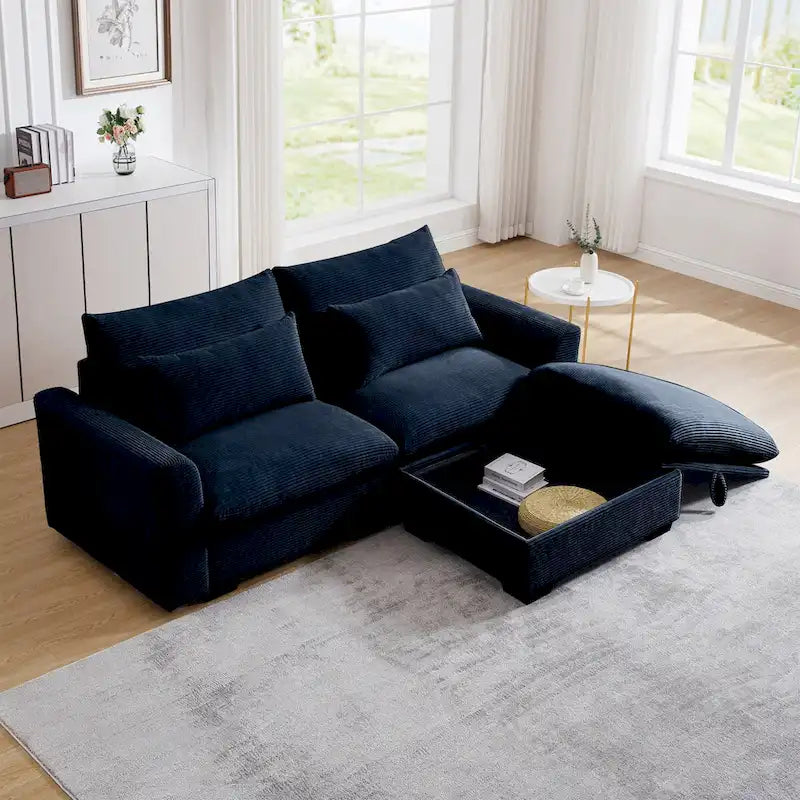 Sofa mit Ottomane, bequeme Cord-Couch mit Kissen und runden Armlehnen, Cord-Schlafsofa mit tiefer Sitzfläche und Stauraum-Ottomane