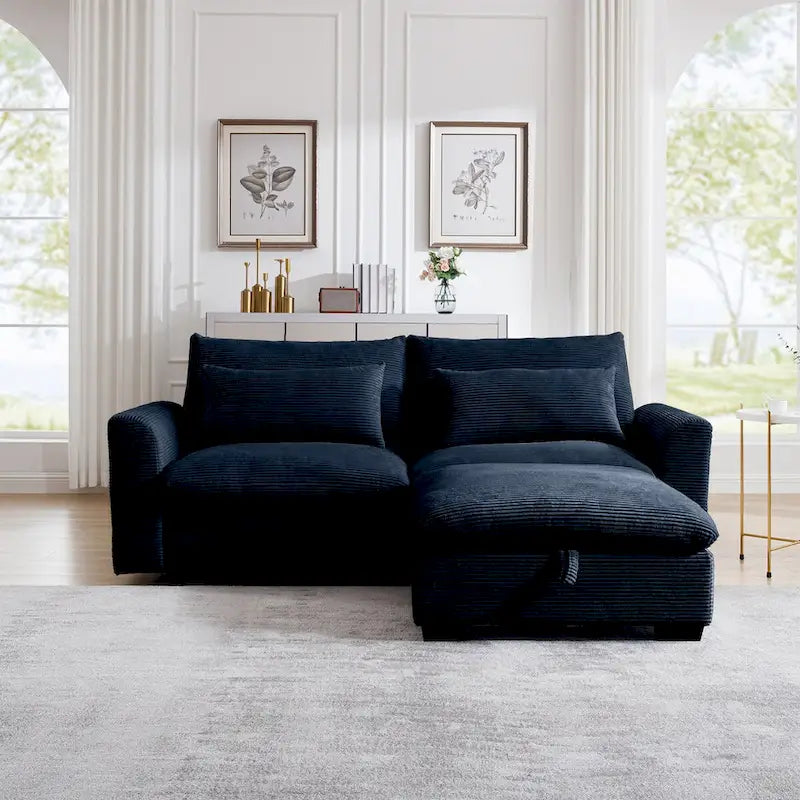 Sofa mit Ottomane, bequeme Cord-Couch mit Kissen und runden Armlehnen, Cord-Schlafsofa mit tiefer Sitzfläche und Stauraum-Ottomane