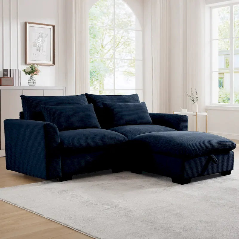 Sofa mit Ottomane, bequeme Cord-Couch mit Kissen und runden Armlehnen, Cord-Schlafsofa mit tiefer Sitzfläche und Stauraum-Ottomane
