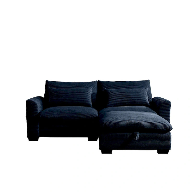 Sofa mit Ottomane, bequeme Cord-Couch mit Kissen und runden Armlehnen, Cord-Schlafsofa mit tiefer Sitzfläche und Stauraum-Ottomane