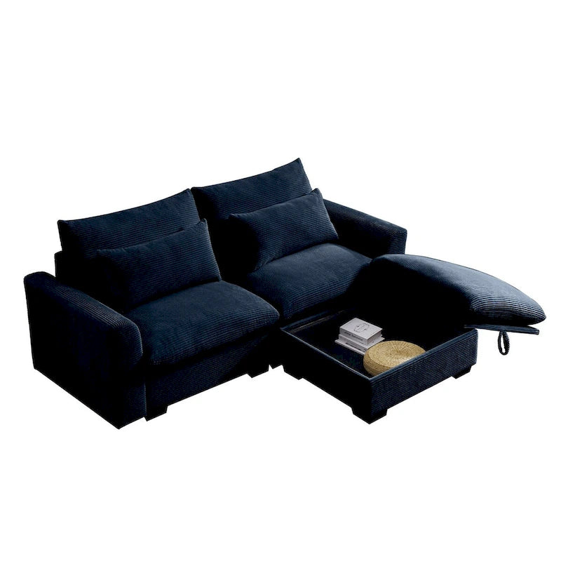 Sofa mit Ottomane, bequeme Cord-Couch mit Kissen und runden Armlehnen, Cord-Schlafsofa mit tiefer Sitzfläche und Stauraum-Ottomane