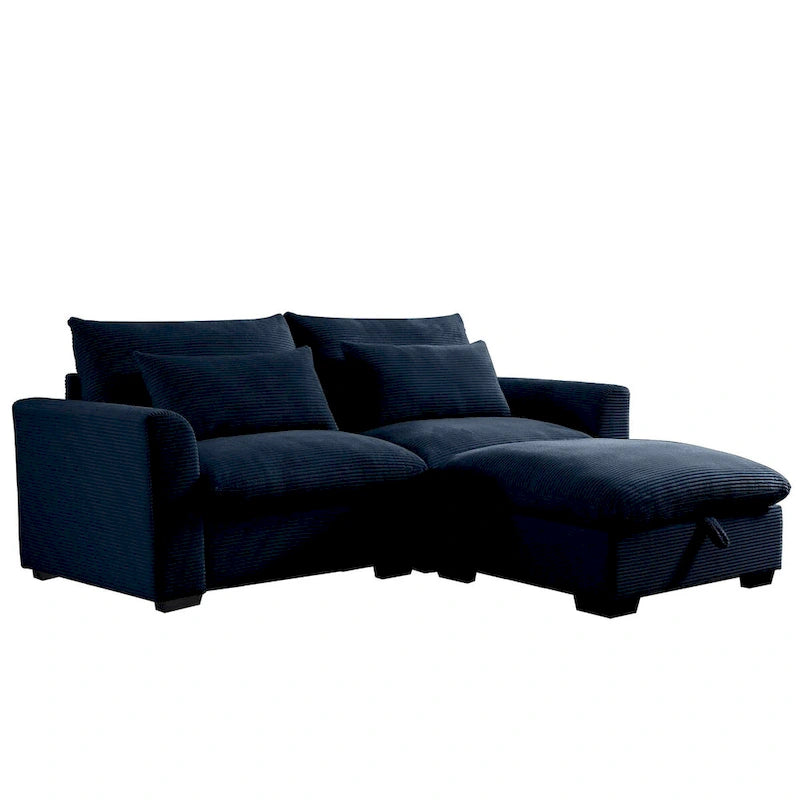 Sofa mit Ottomane, bequeme Cord-Couch mit Kissen und runden Armlehnen, Cord-Schlafsofa mit tiefer Sitzfläche und Stauraum-Ottomane