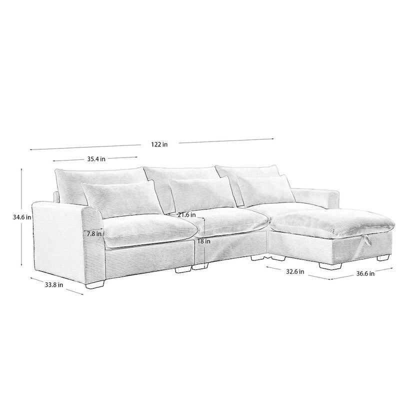 Sofa mit Ottomane, bequeme Cord-Couch mit Kissen und runden Armlehnen, Cord-Schlafsofa mit tiefer Sitzfläche und Stauraum-Ottomane