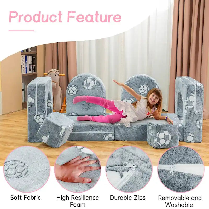 Mieres Modulares Kindersofa, Modulares Kleinkindersofa mit Leuchtfunktion, Ausklappbares Spielsofa für Kinder mit 2 Sitzen