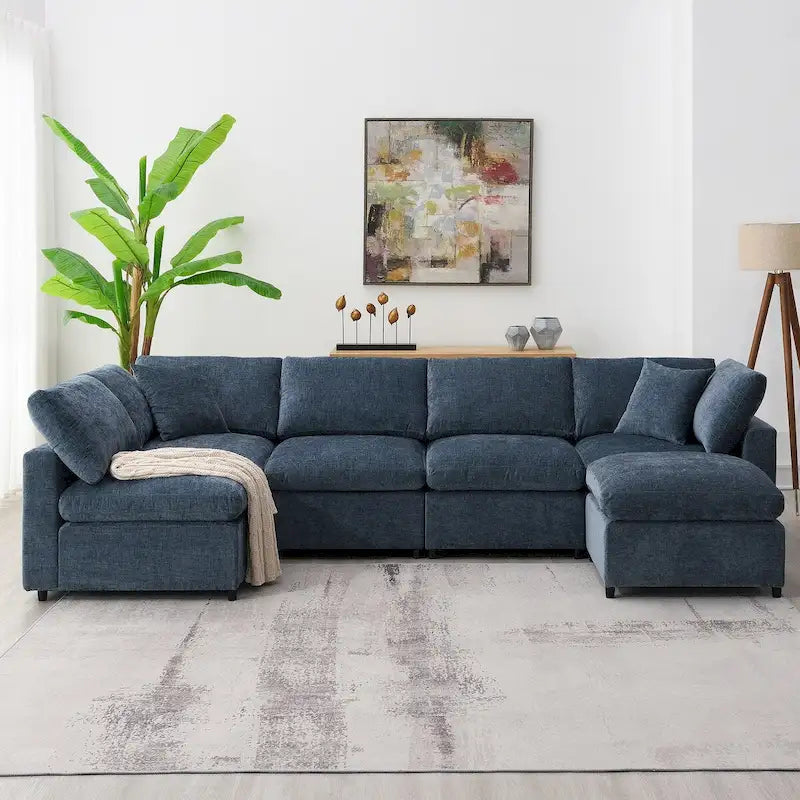 U-förmiges modulares Chenille-Schlafsofa mit Ottomane