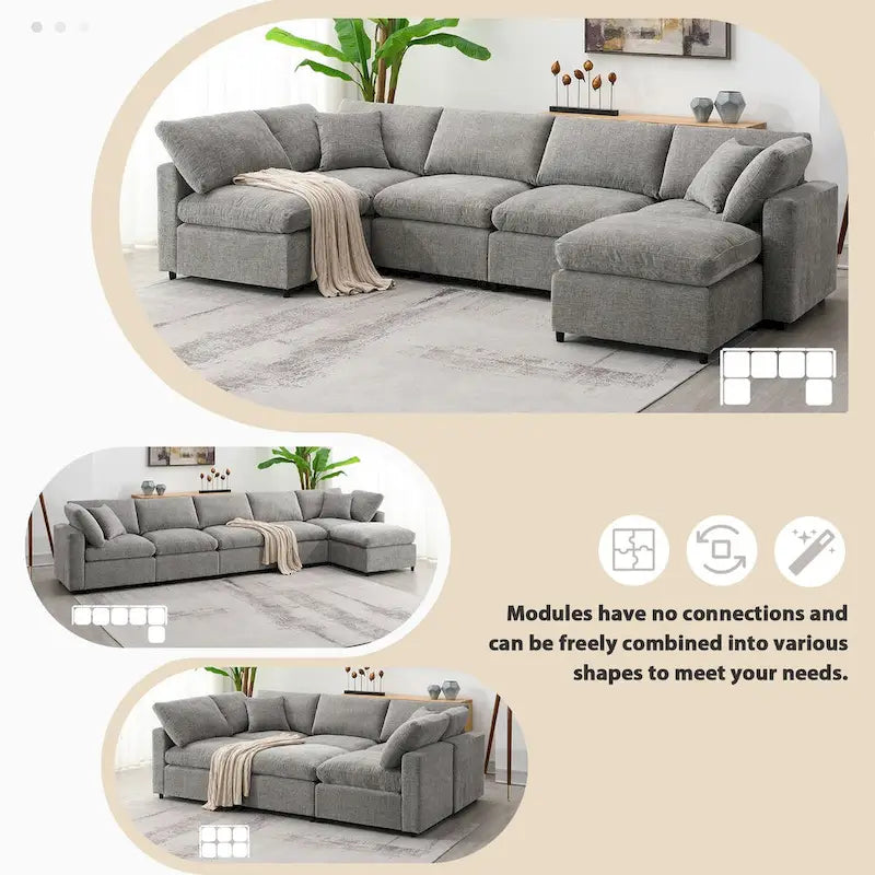 U-förmiges modulares Chenille-Schlafsofa mit Ottomane