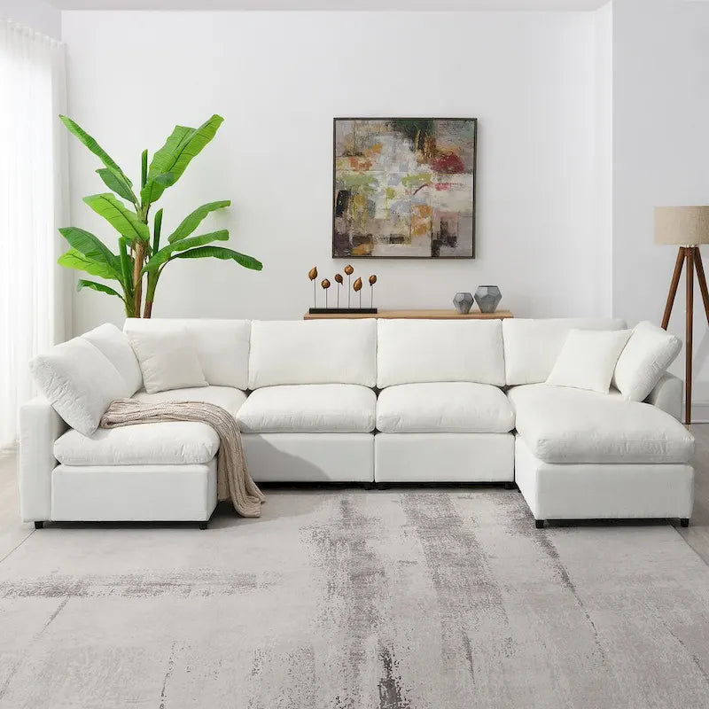 U-förmiges modulares Chenille-Schlafsofa mit Ottomane