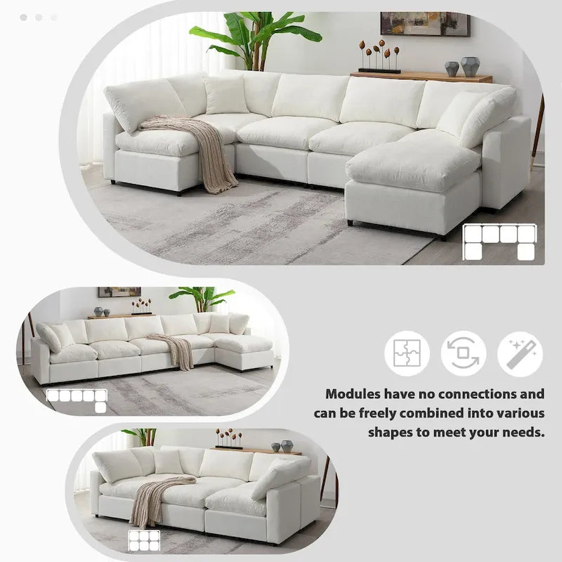 U-förmiges modulares Chenille-Schlafsofa mit Ottomane