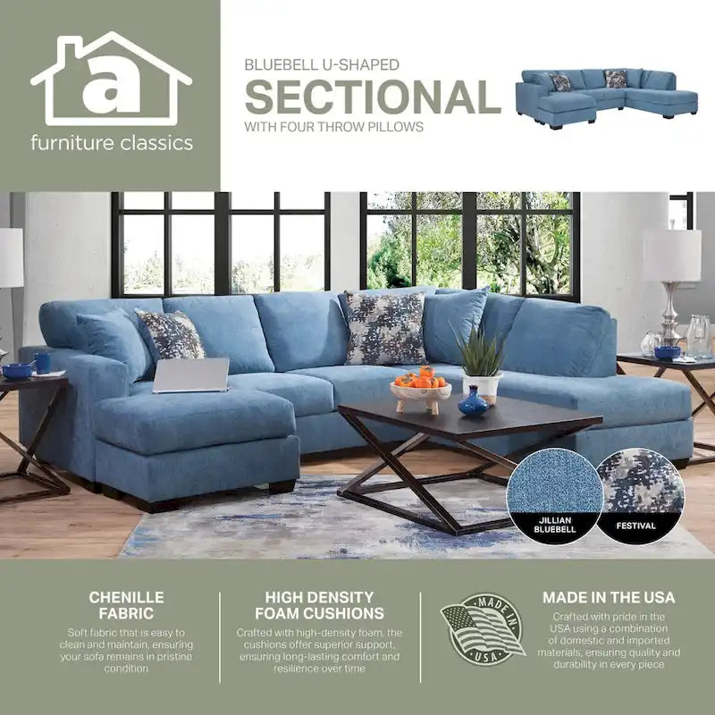 American Furniture Classics Bluebell Ecksofa Modell A414V5-K2 in U-Form mit 4 Zierkissen