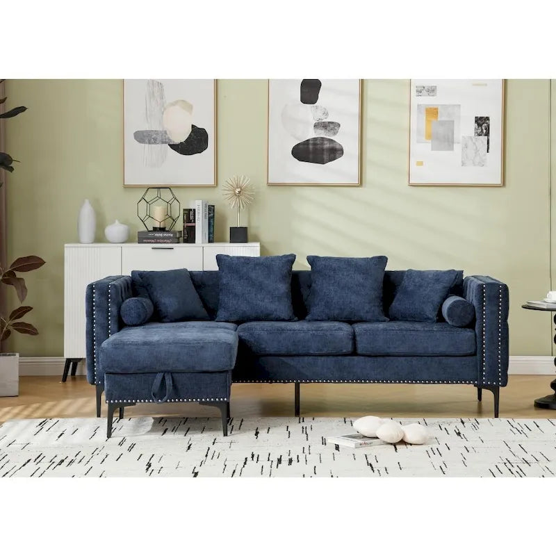 Modernes umwandelbares L-förmiges Sektionalsofa aus getuftetem Chenille
