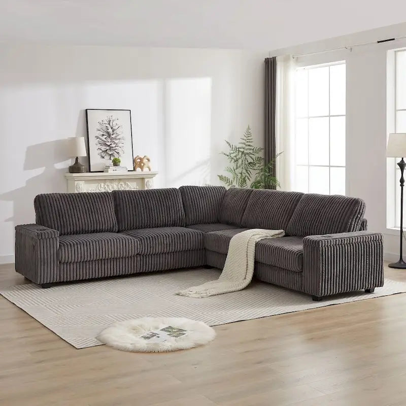110-Zoll L-förmiges, extragroßes Cord-Ecksofa mit zwei Stauräumen, USB-Anschluss, Typ-C-Anschluss und Getränkehalter