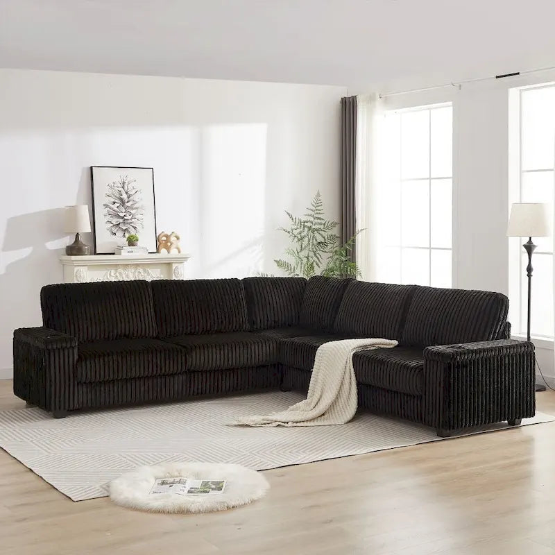 110-Zoll L-förmiges, extragroßes Cord-Ecksofa mit zwei Stauräumen, USB-Anschluss, Typ-C-Anschluss und Getränkehalter
