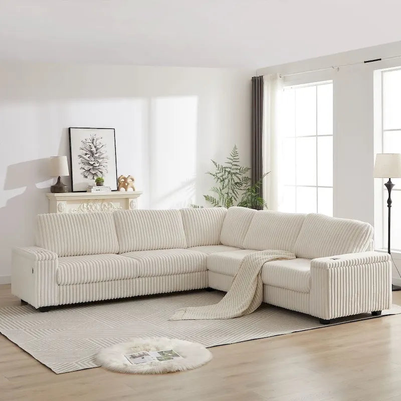 110-Zoll L-förmiges, extragroßes Cord-Ecksofa mit zwei Stauräumen, USB-Anschluss, Typ-C-Anschluss und Getränkehalter