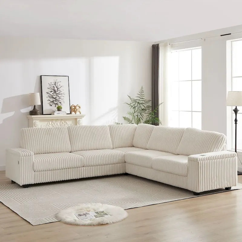 110-Zoll L-förmiges, extragroßes Cord-Ecksofa mit zwei Stauräumen, USB-Anschluss, Typ-C-Anschluss und Getränkehalter
