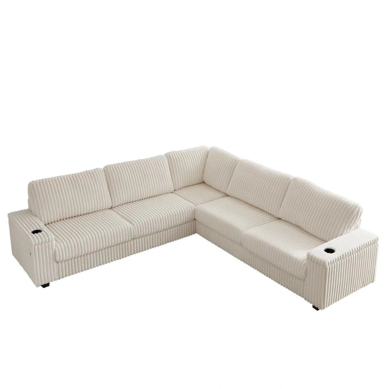 110-Zoll L-förmiges, extragroßes Cord-Ecksofa mit zwei Stauräumen, USB-Anschluss, Typ-C-Anschluss und Getränkehalter