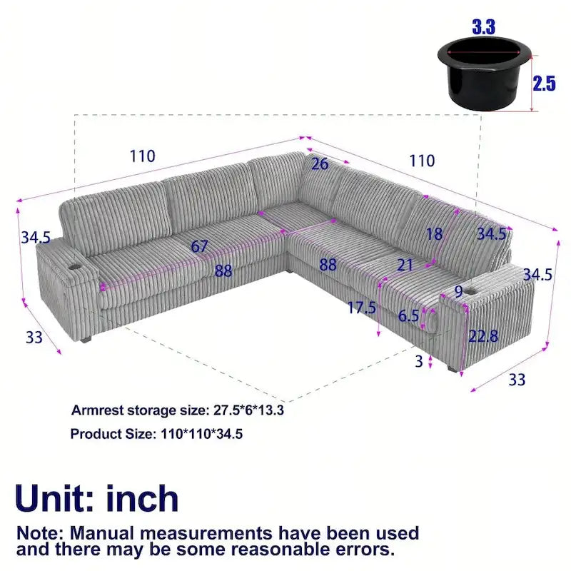 110-Zoll L-förmiges, extragroßes Cord-Ecksofa mit zwei Stauräumen, USB-Anschluss, Typ-C-Anschluss und Getränkehalter