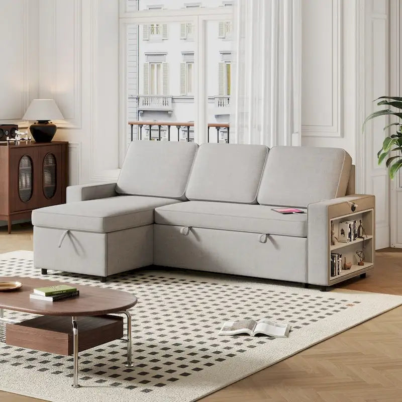 Oaks Aura 85.8 Zoll Ausziehbares Schlafsofa, L-förmige Couch mit USB-Anschluss, umwandelbares Schlafsofa mit Ablageregalen