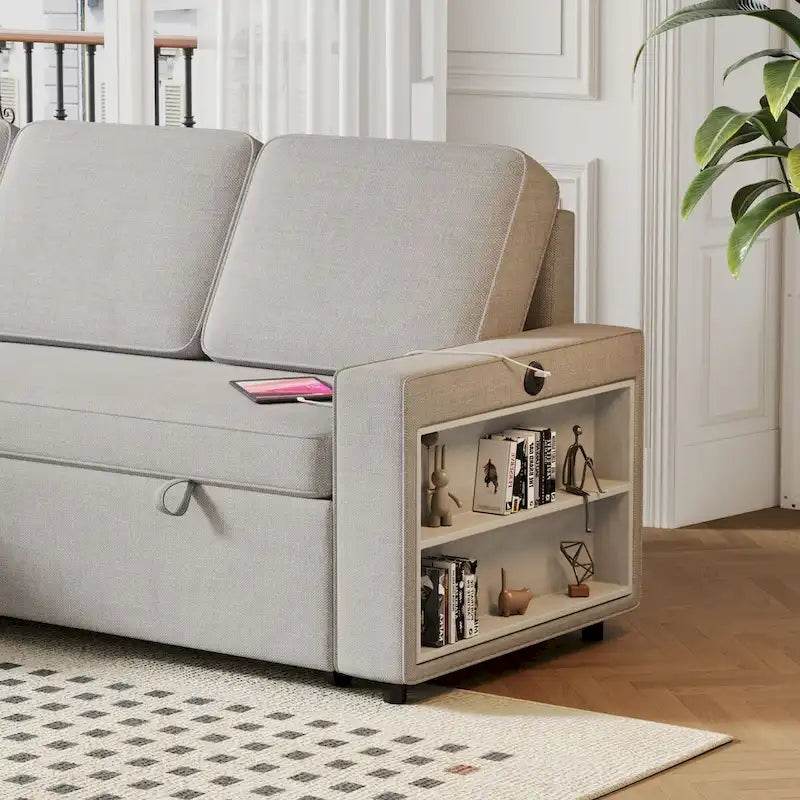 Oaks Aura 85.8 Zoll Ausziehbares Schlafsofa, L-förmige Couch mit USB-Anschluss, umwandelbares Schlafsofa mit Ablageregalen