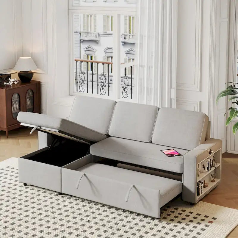 Oaks Aura 85.8 Zoll Ausziehbares Schlafsofa, L-förmige Couch mit USB-Anschluss, umwandelbares Schlafsofa mit Ablageregalen
