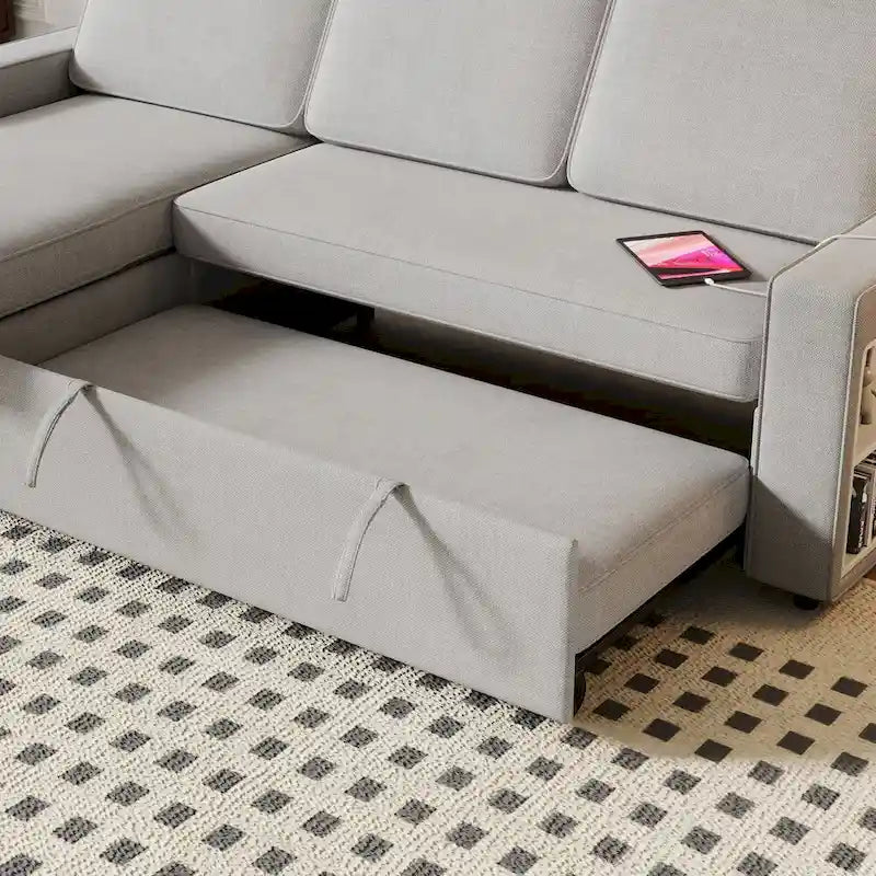 Oaks Aura 85.8 Zoll Ausziehbares Schlafsofa, L-förmige Couch mit USB-Anschluss, umwandelbares Schlafsofa mit Ablageregalen
