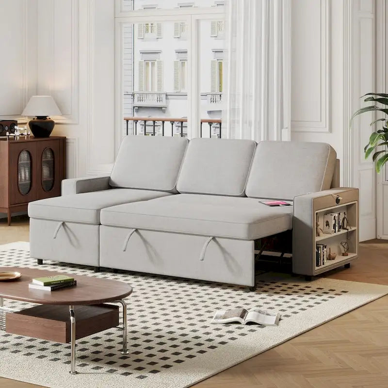 Oaks Aura 85.8 Zoll Ausziehbares Schlafsofa, L-förmige Couch mit USB-Anschluss, umwandelbares Schlafsofa mit Ablageregalen