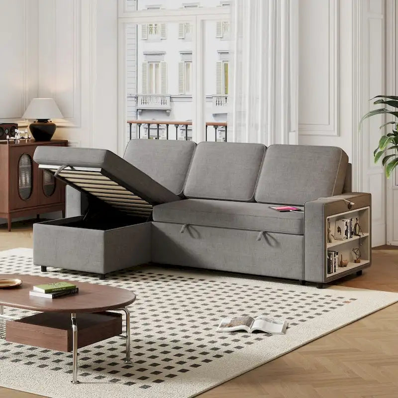 Oaks Aura 85.8 Zoll Ausziehbares Schlafsofa, L-förmige Couch mit USB-Anschluss, umwandelbares Schlafsofa mit Ablageregalen