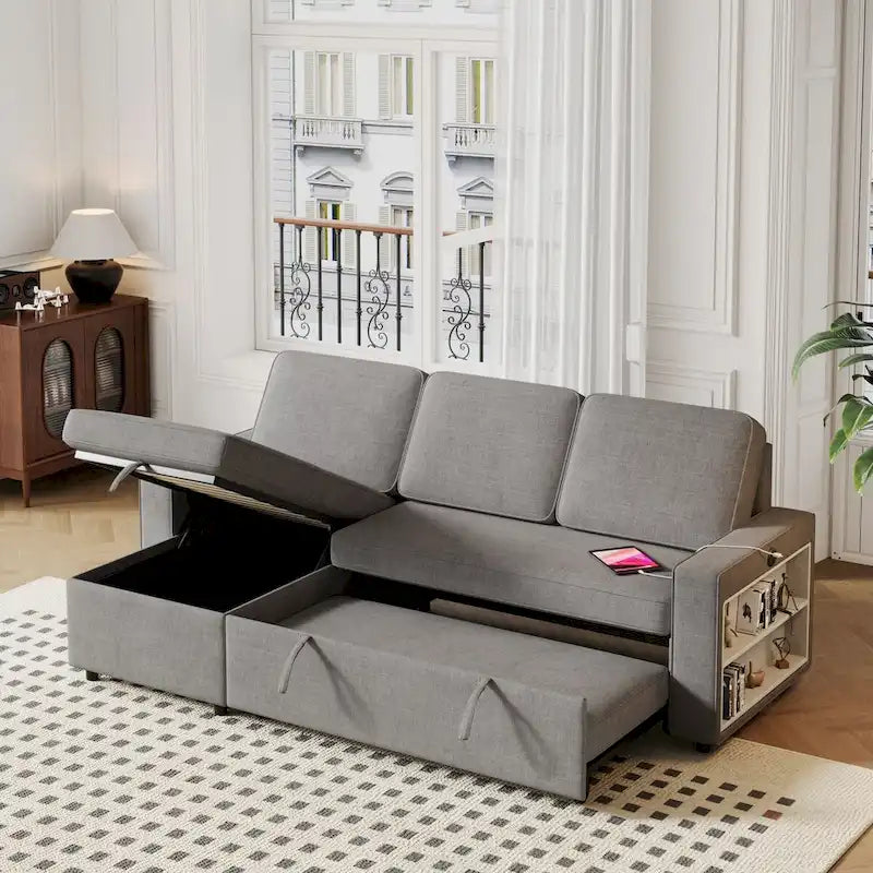 Oaks Aura 85.8 Zoll Ausziehbares Schlafsofa, L-förmige Couch mit USB-Anschluss, umwandelbares Schlafsofa mit Ablageregalen