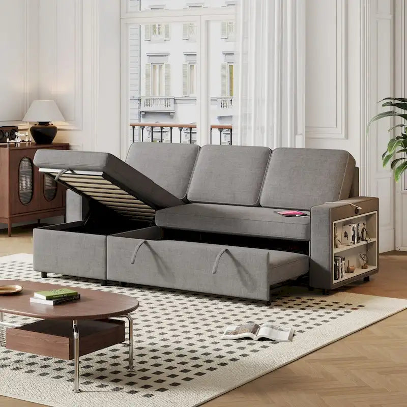 Oaks Aura 85.8 Zoll Ausziehbares Schlafsofa, L-förmige Couch mit USB-Anschluss, umwandelbares Schlafsofa mit Ablageregalen