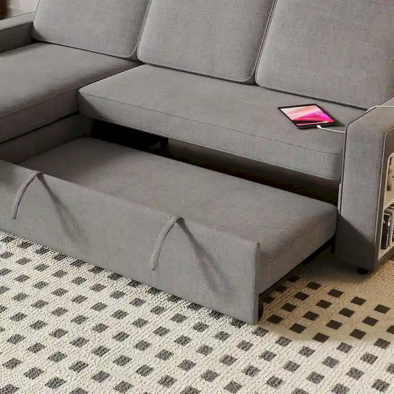 Oaks Aura 85.8 Zoll Ausziehbares Schlafsofa, L-förmige Couch mit USB-Anschluss, umwandelbares Schlafsofa mit Ablageregalen