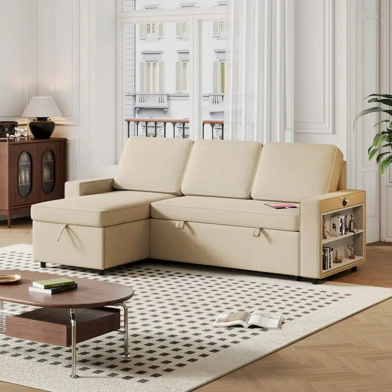 Oaks Aura 85.8 Zoll Ausziehbares Schlafsofa, L-förmige Couch mit USB-Anschluss, umwandelbares Schlafsofa mit Ablageregalen