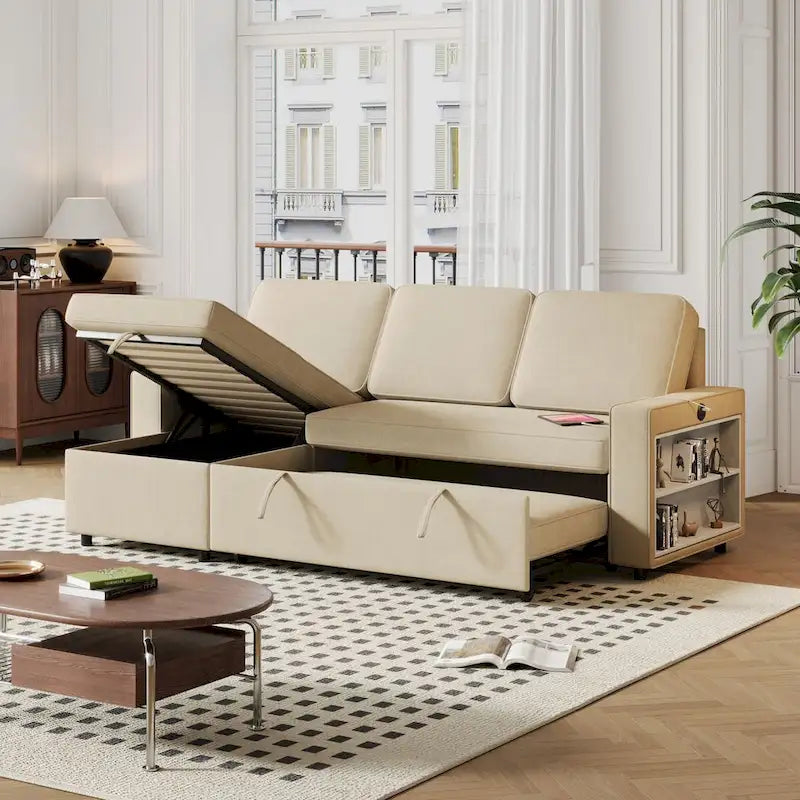Oaks Aura 85.8 Zoll Ausziehbares Schlafsofa, L-förmige Couch mit USB-Anschluss, umwandelbares Schlafsofa mit Ablageregalen