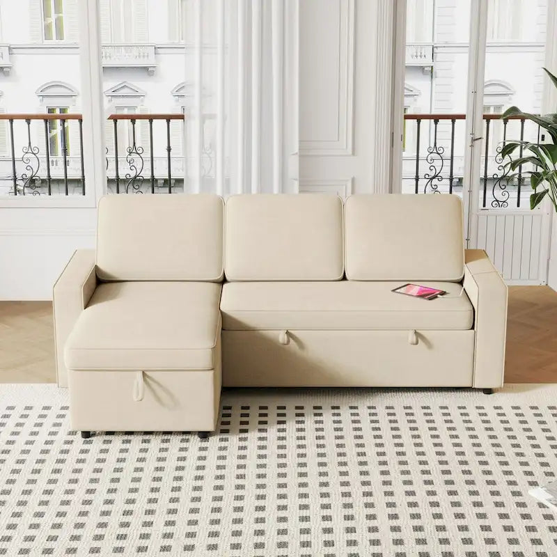 Oaks Aura 85.8 Zoll Ausziehbares Schlafsofa, L-förmige Couch mit USB-Anschluss, umwandelbares Schlafsofa mit Ablageregalen