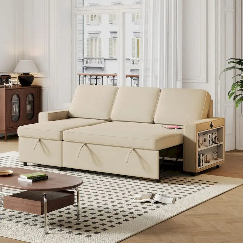 Oaks Aura 85.8 Zoll Ausziehbares Schlafsofa, L-förmige Couch mit USB-Anschluss, umwandelbares Schlafsofa mit Ablageregalen