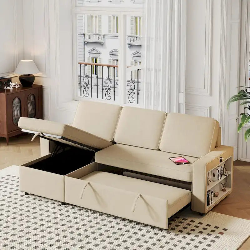 Oaks Aura 85.8 Zoll Ausziehbares Schlafsofa, L-förmige Couch mit USB-Anschluss, umwandelbares Schlafsofa mit Ablageregalen