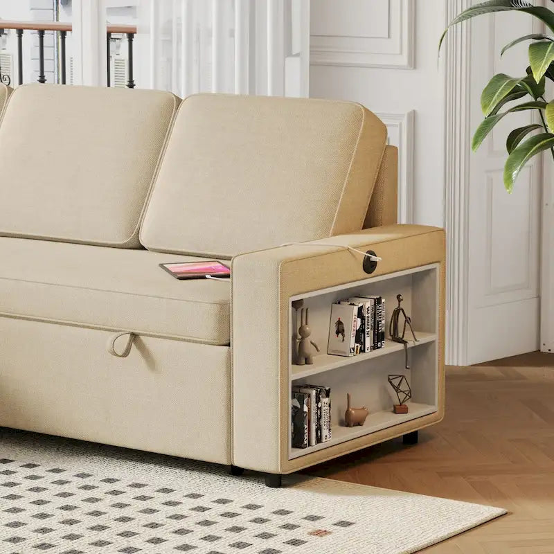 Oaks Aura 85.8 Zoll Ausziehbares Schlafsofa, L-förmige Couch mit USB-Anschluss, umwandelbares Schlafsofa mit Ablageregalen