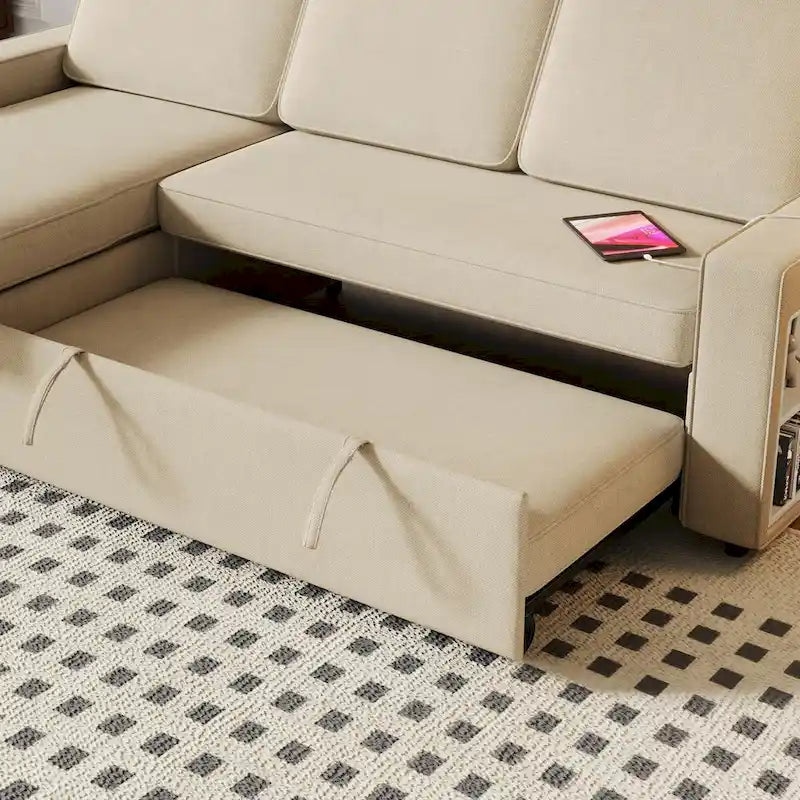 Oaks Aura 85.8 Zoll Ausziehbares Schlafsofa, L-förmige Couch mit USB-Anschluss, umwandelbares Schlafsofa mit Ablageregalen