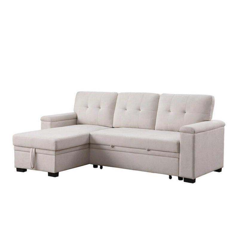 Lusy 85 Inch Reversible Sleeper Sectional Sofa with Storage Chaise, Beige