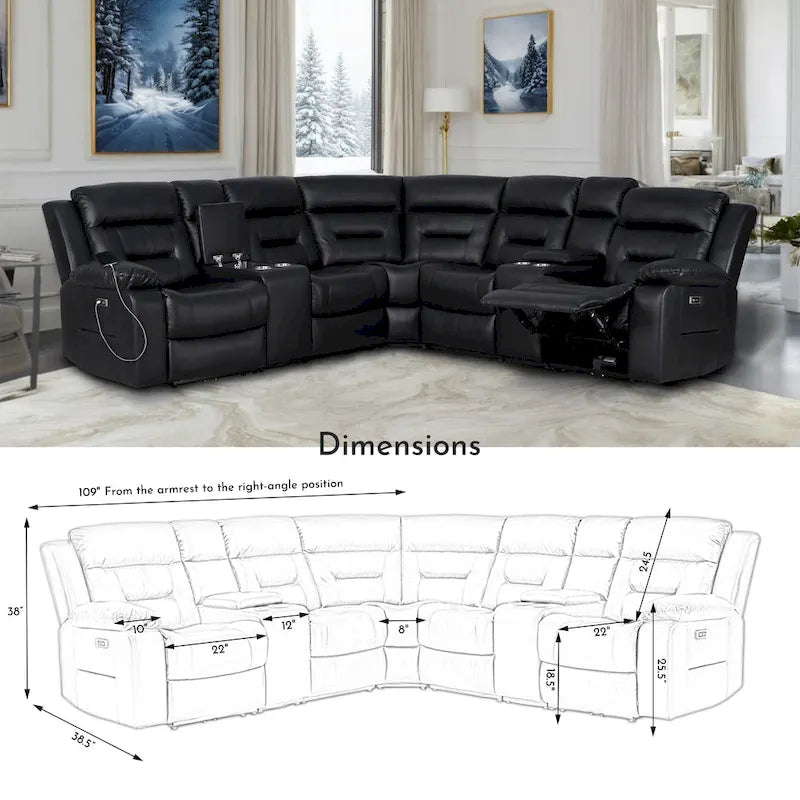 109 motorisiertes Ecksofa mit Relaxfunktion, modulares Wohnzimmer-Liegesofa mit 2 Ablagekonsolen und 4 Getränkehaltern