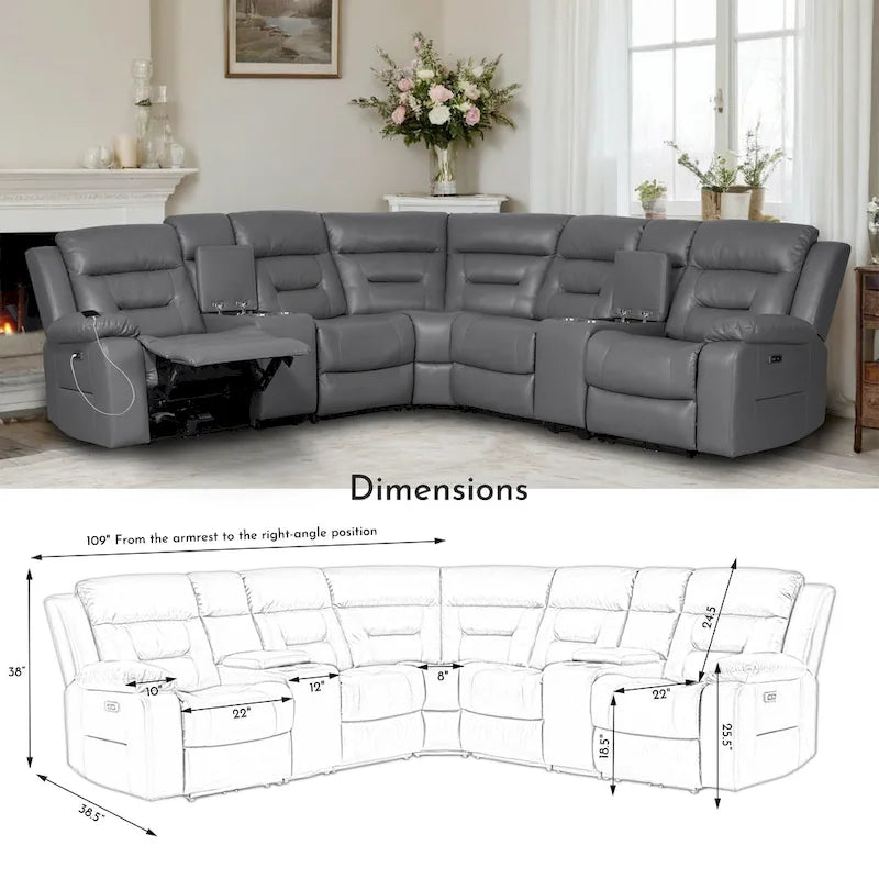 109 motorisiertes Ecksofa mit Relaxfunktion, modulares Wohnzimmer-Liegesofa mit 2 Ablagekonsolen und 4 Getränkehaltern